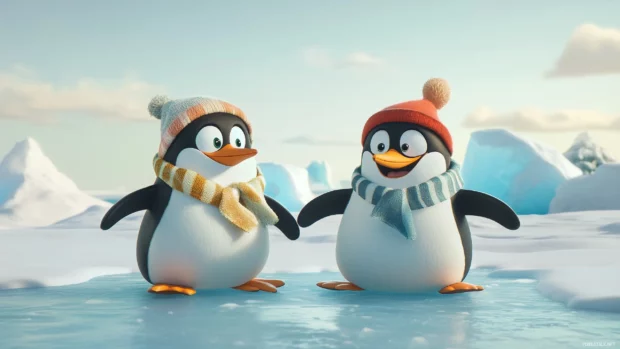 Pair of cartoon penguins wearing scarves and hats, sliding on ice with a backdrop of icebergs and a pale winter sun.