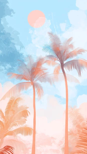 Pale blue skies, peachy palm trees, and delicate sun shapes combined in a dreamy, airy summer scene.