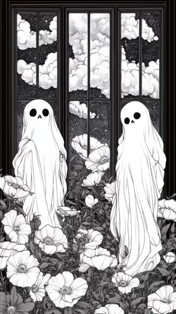 Pale line art ghosts arranged between flowers and cloudy window views in vertical repeat.