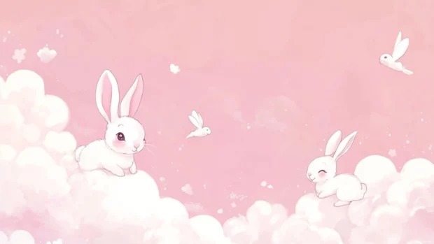 Pale pink backdrop with kawaii rabbits playing on clouds, trending as cute pc wallpapers.