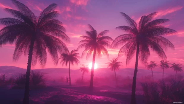 Palm trees outlined by digital sunset on synthwave terrain.