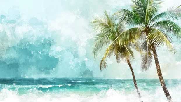 Palm trees swaying beside a crystal clear watercolor ocean.