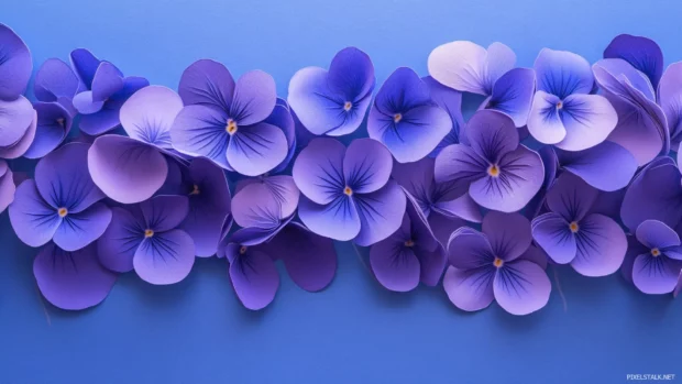 Paper cut style arrangement of violet blooms.