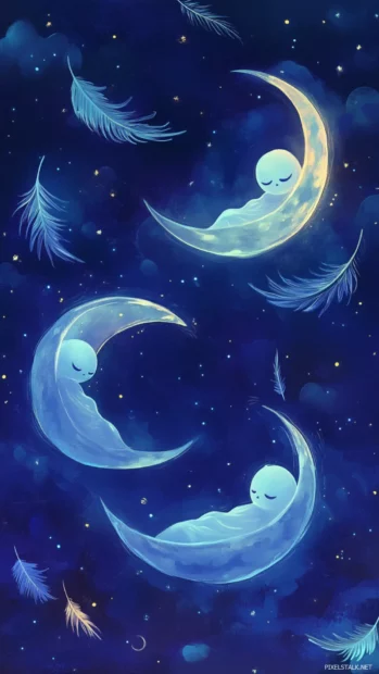 Pastel Ghost iPhone Wallpapers featuring sleeping ghosts on moons with glowing outlines and floating feathers.