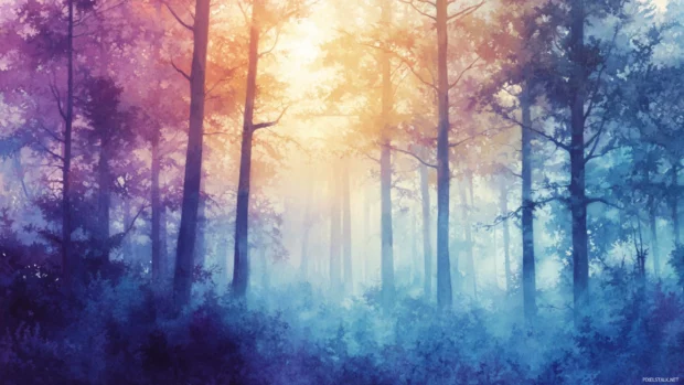 Pastel Watercolor Forest Glowing With Soft Light In Early Morning Mist.