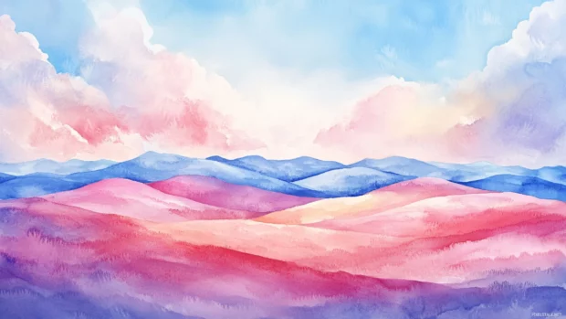 Pastel Watercolor Hills Rolling Under A Sky Brushed With Cotton Candy Clouds.
