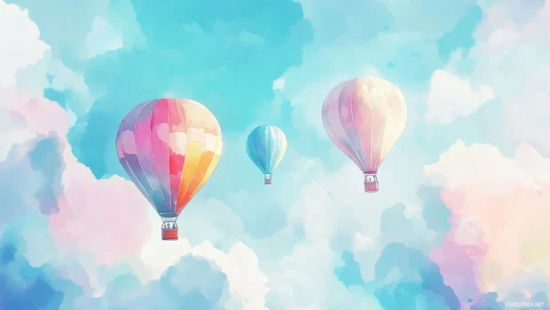 Pastel Watercolor Hot Air Balloons Floating Across A Serene Sky.