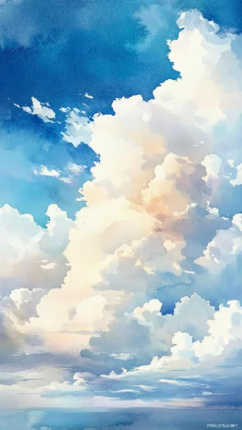 Pastel Watercolor Phone Wallpaper Of Gentle Clouds Floating Across A Blue Sky.