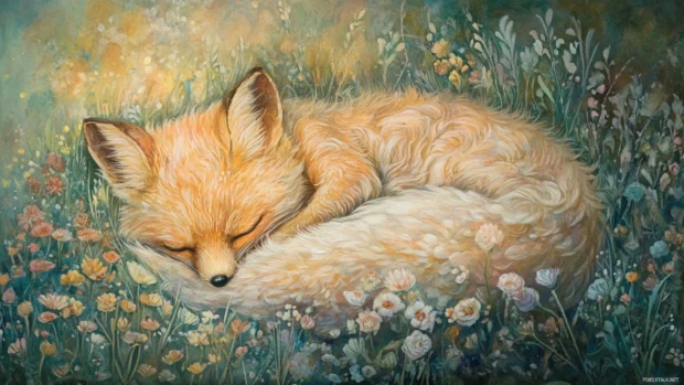 Pastel Watercolor Portrait Of A Sleeping Fox Curled In A Meadow.
