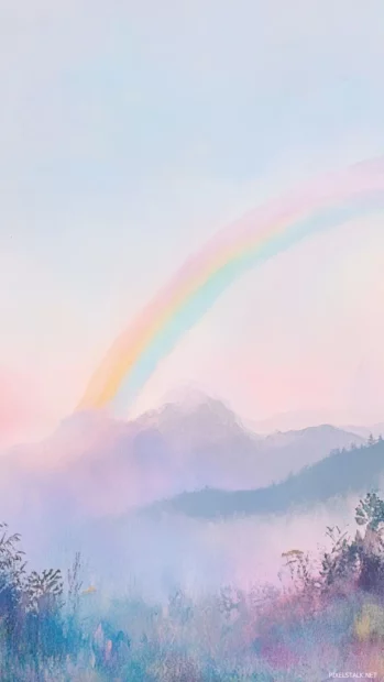 Pastel Watercolor Rainbow Arching Across A Pale Morning Sky.