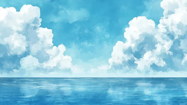Pastel Watercolor Wallpaper Featuring A Calm Ocean Under A Cloudless Sky.