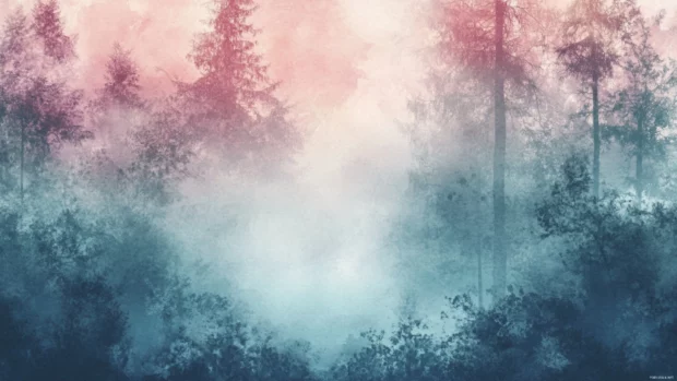 Pastel Watercolor Wallpaper With An Ethereal Forest Shrouded In Soft Fog.