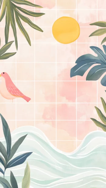 Pastel aesthetic summer wallpapers featuring sunshine, waves, and tropical birds in a clean tile pattern.