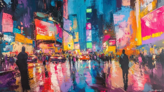 Pastel art pretty wallpaper, Pretty bustling cityscape under neon lights.