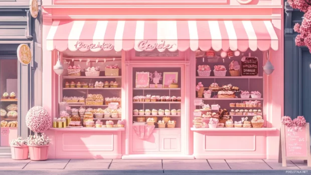 Pastel bakery storefront filled with girly sweets and pastries.