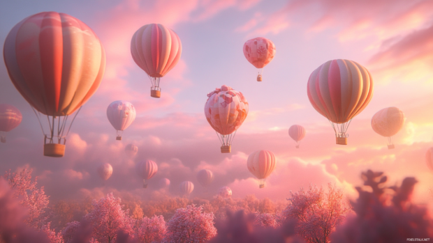 Pastel balloons drifting across a hazy pink sky.