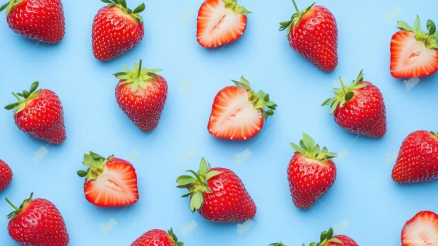 Pastel blue background with whole strawberries and slices, seamless pattern.