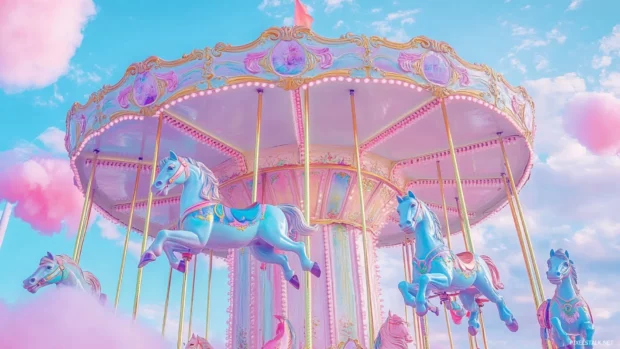 Pastel carousel horses spinning under a cotton candy sky.