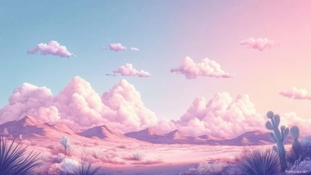 Pastel clouds glowing over a pretty desert landscape.