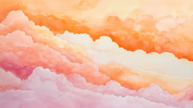 Pastel clouds watercolor wallpaper for desktop illustrating gentle pink and orange hues.