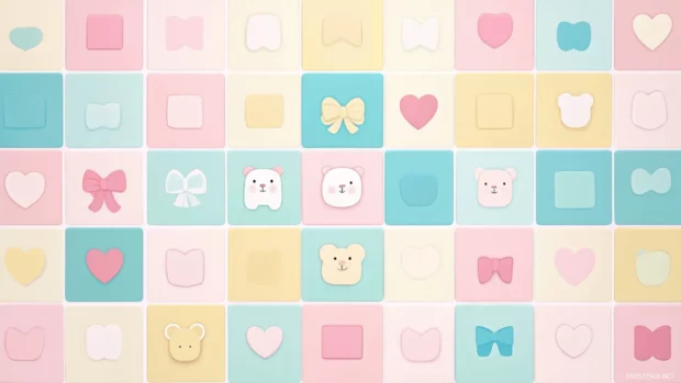 Pastel colored abstract tiles with cute icons like bows and bears for adorable cute pc wallpapers.