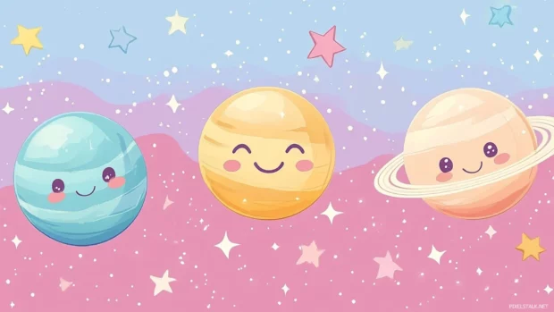Pastel colored planets with smiling faces in kawaii style.