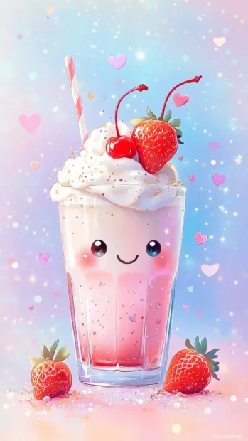 Pastel dots, kawaii strawberry milkshake, whipped cream, cherry, hearts, sparkles.