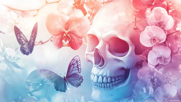 Pastel floral skull, orchids, butterflies, intricate lines, dreamlike serene atmosphere.
