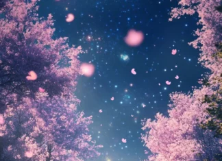 Pastel gardens breathing under sleepy galaxies, awakening dreams within romantic soft starlight wallpaper.