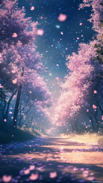 Pastel gardens breathing under sleepy galaxies, awakening dreams within romantic soft starlight wallpaper.