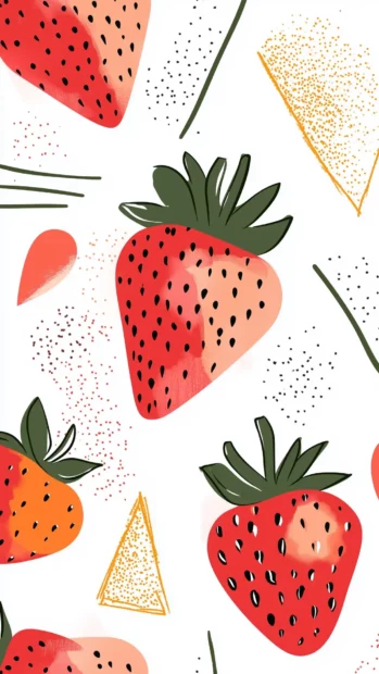 Pastel geometric design with strawberries, brush stroke elements, gradient background, modern art inspiration.