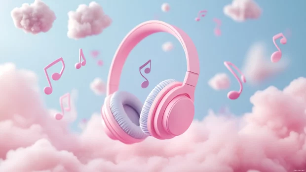 Pastel headphones with bouncing music notes and clouds.