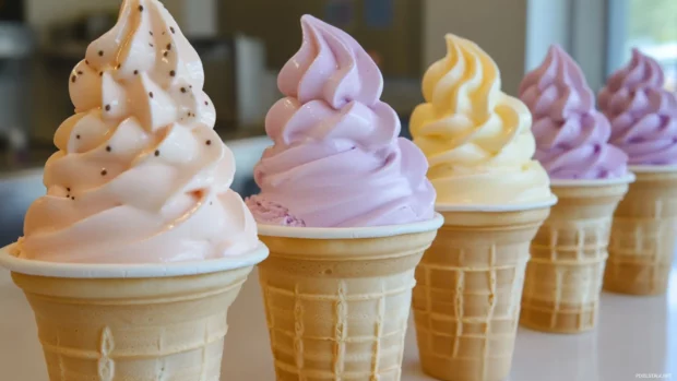 Pastel ice cream cones lined in a row, side angle view.