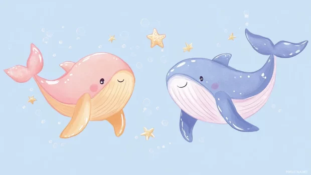 Pastel minimalist sea creatures like starfish and whales, perfect addition to cute pc wallpapers.