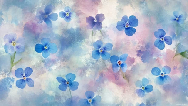 Pastel painted forget me nots in flowing repeat composition.