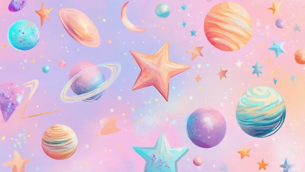 Pastel patterned stars, moons, and tiny planets.