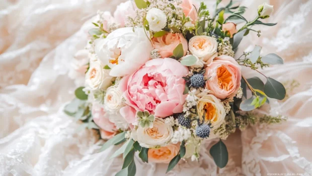Pastel peony bouquet on fabric.