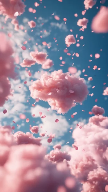 Pastel pink fluffy clouds with a dreamy bokeh effect and floating petals.