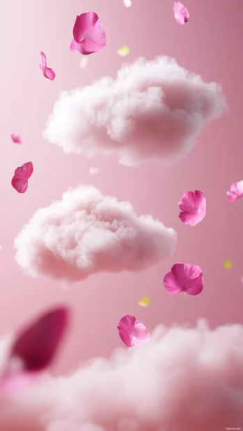 Pastel pink fluffy clouds with a dreamy bokeh effect and floating petals.