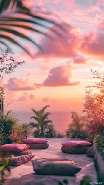Pastel pink skies above a quiet rooftop garden with cushions.