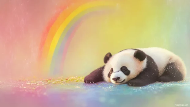 Pastel rainbow arched over sleeping panda.