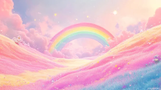 Pastel rainbow fields and sunshine in a cute girly wallpaper pastel theme.
