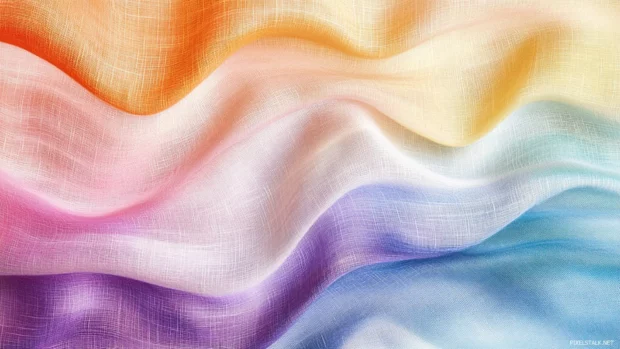 Pastel rainbow waves flowing across linen textured background.