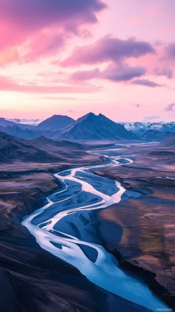 Pastel river winding through pretty valleys, Pastel pretty phone background.