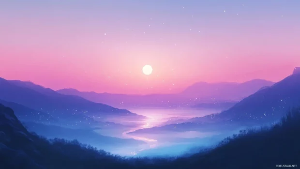 Pastel scenery desktop background featuring a valley sparkling under a serene twilight sky.