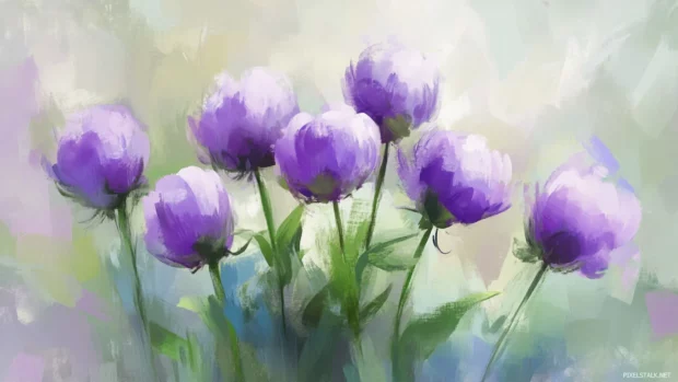 Pastel sketch of violet peonies with soft blurred backdrop.