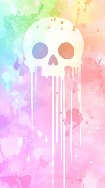 Pastel skull with watercolor texture, paint drips merging into background, dreamy effect.