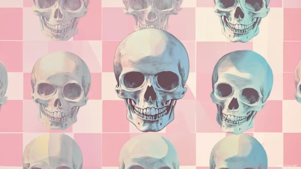 Pastel skulls arranged in a checkered cute skull wallpaper layout.
