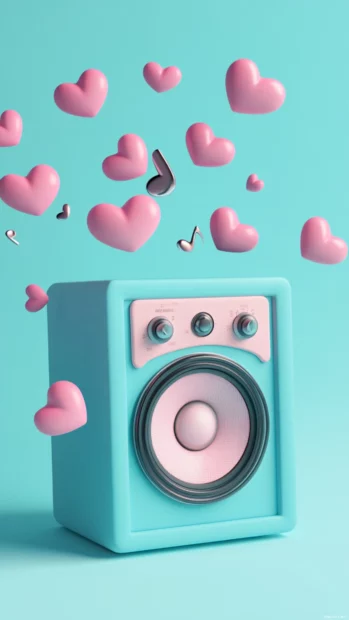 Pastel speaker with musical hearts floating above.