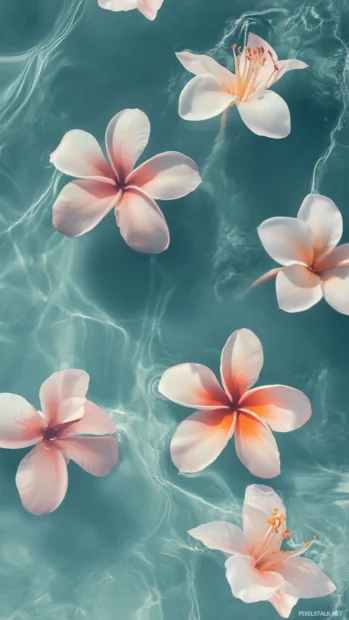 Pastel summer aesthetic featuring floating tropical flowers and subtle wave patterns for iPhone.